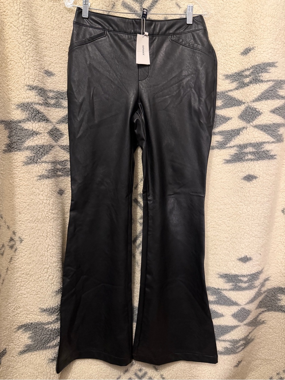 SPANX Black Faux Leather Flare Wide-Leg Jeans Large